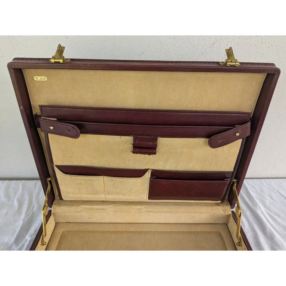 VTG TUMI Leather Attache Briefcase Burgundy Red Combination Lock Organizer Case